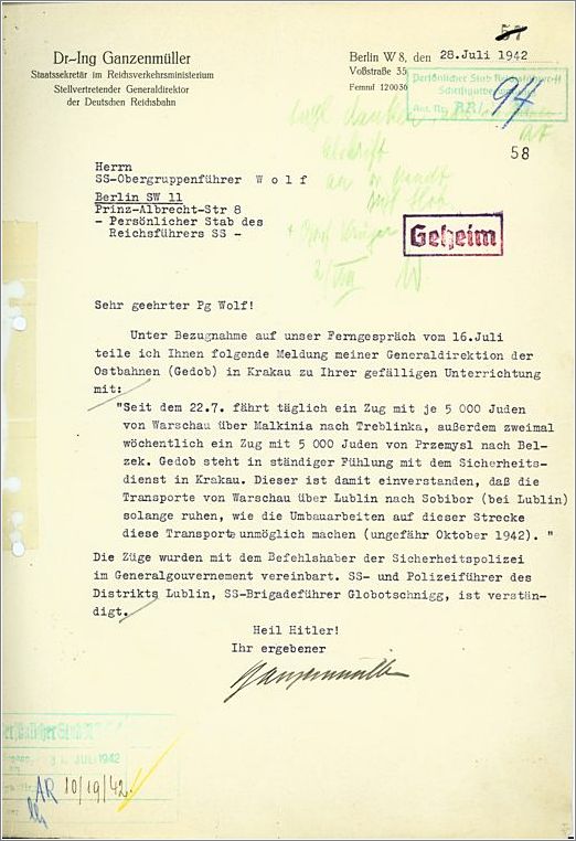 Ganzenmueller letter mentioning the deportation of 5007 Jews from Przemysl to Belzec